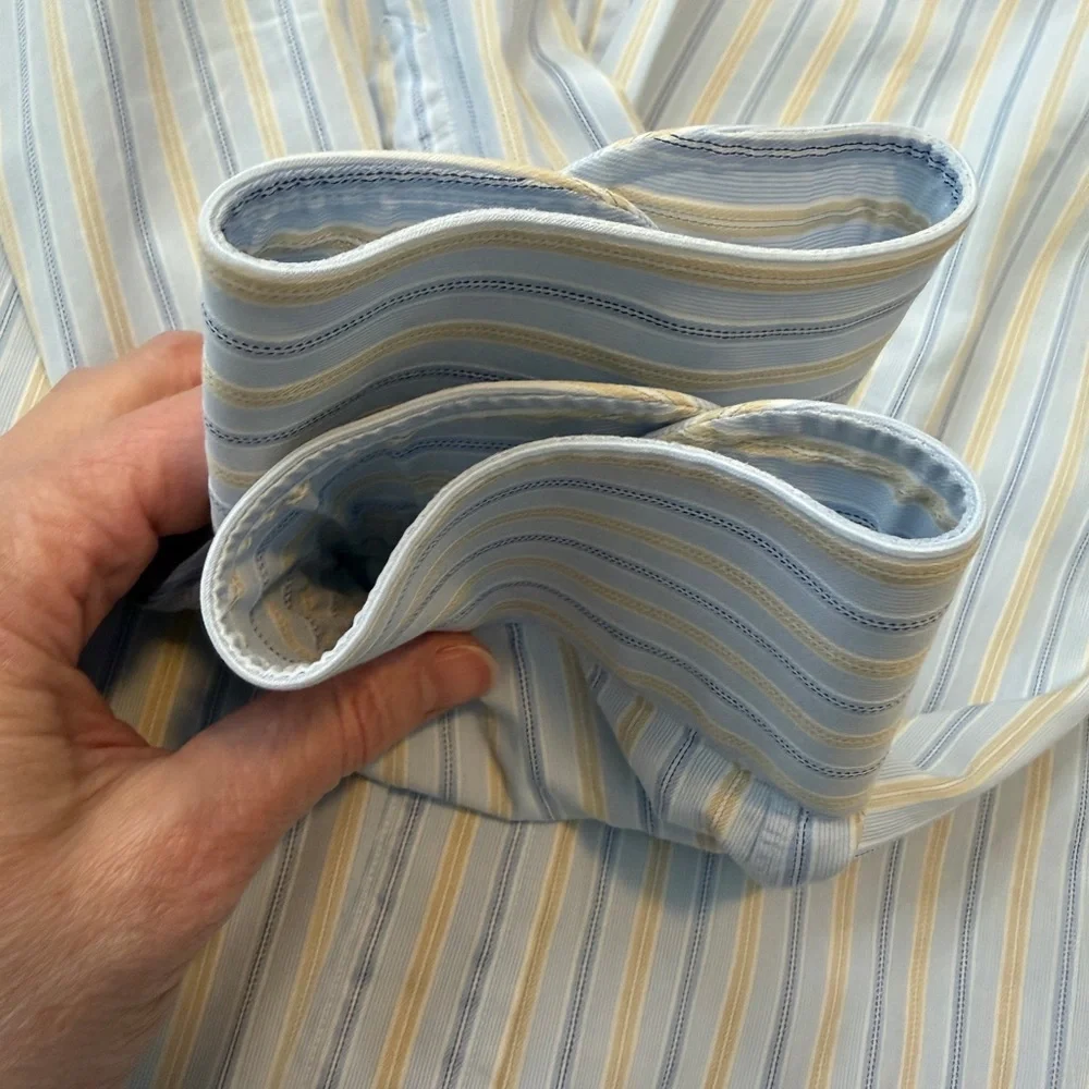 Ermenegildo Zegna Light Blue Yellow Stripe Dress Shirt 16.5 Cotton Portofino - Picture 8 of 11